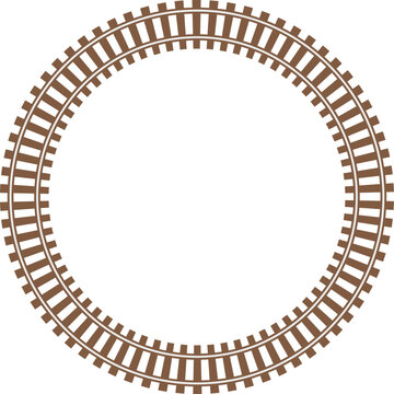 Brown circular railway track frame isolated on white background. Repeating train rail pattern forms a clean round border shape. Decorative transport themed ring for maps, games and graphic design.