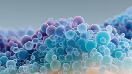 High-resolution 3D visualization of microscopic biological cells in vibrant blue and purple tones, showcasing translucent spherical molecular structures for use in biotechnology