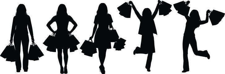 Silhouette of women shopping with bags, fashion lifestyle illustration, retail consumer concept, happy shoppers, black vector artwork for design