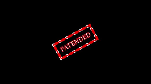 Rectangular Stamp With Red animation White Border And Text Patented On Black Background intellectual property invention. Bright red &ldquo;Patented&rdquo; rectangular stamp with white outline, smooth animation