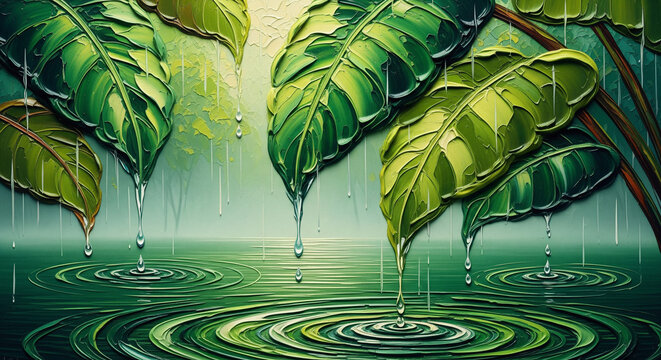 Rain-Soaked Tropical Jungle Waterway with Lush Leaves, Relief Wallpaper, Mural Wallpaper, Wall Decor, 3D Render