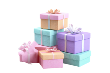 Tower of pastel toned gift boxes isolated on transparent background