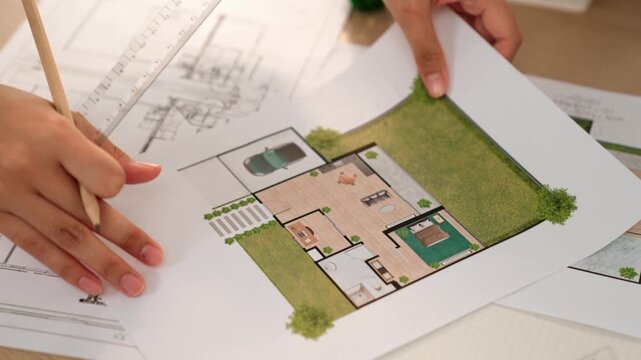 Professional engineer pointing focusing house design holding architectural equipment on meeting table with building blueprint scatter around at modern office. Focus on hand. Closeup. Delineation.
