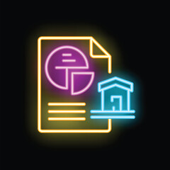 Fototapeta premium Neon icon showing real estate market analysis with a house and a pie chart
