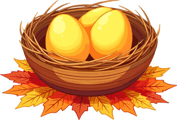 Golden eggs in nest illustration isolated on white background, luxury spring concept clipart