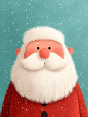 Whimsical Santa Claus character in a clean vector-style cartoon design, bright red clothing, friendly smile, soft shading, and a cozy snowy background for children&rsquo;s holidays.