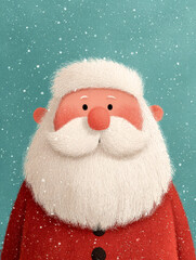 Cute 2D cartoon Santa illustration with bold outlines, fluffy white beard, smooth colors, and light snowfall, creating a playful and festive kids holiday artwork.