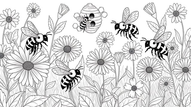 Bees and Flowers in Nature