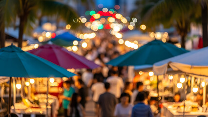 Obraz premium Abstract blurred street market scene with colorful umbrellas and bokeh city lights