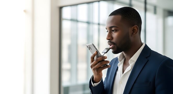 Professional man using a smartphone voice assistant for efficient business communication and productivity concept in a modern office setting - Powered by Adobe