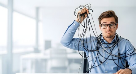 A stressed young person tangled in a chaotic mess of computer cables, conveying the concept of digital overload and technical frustration in a modern office.
