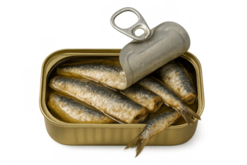 Open can of sardines in oil, a preserved seafood meal or healthy snack on transparent background