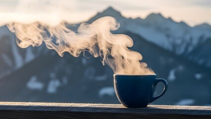 Warm Brew with Mountain View: An inviting ceramic mug of steaming coffee offers a moment of serenity against a backdrop of majestic mountains and a softly lit, wintery landscape.