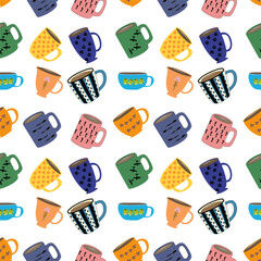 Seamless pattern with colorful mugs