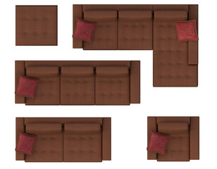 Top view of modern brown furniture set, including sectional sofa, armchair, and ottoman, for architectural floor plans