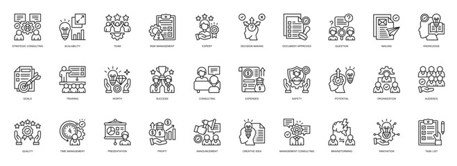 Strategic Consulting icon collection line style. containing  Strategic Consulting, Scalability, Team, Risk Management, Expert, Decision Making