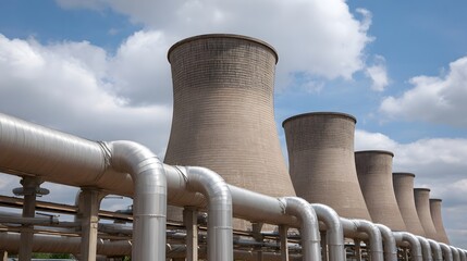 A row of industrial cooling towers with a complex network of large metal pipes in the foreground against a cloudy blue sky
