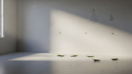 Minimalist white room with sunlight shadows and subtle Christmas tree outline drawing on wall, empty floor