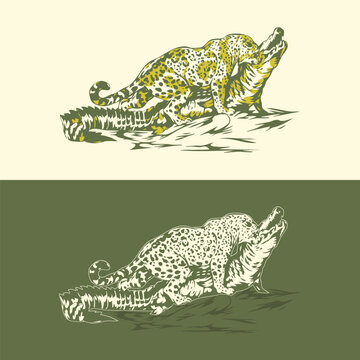 Powerful Leopard Hunting a Crocodile &ndash; Wildlife Vector Illustration