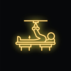 Neon sign of a patient lying on a medical bed, raising one leg with the help of suspension equipment