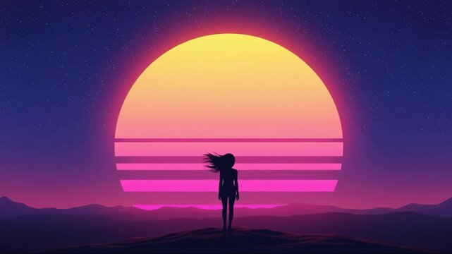 silhouette of woman standing against retro 80s sun. synthwave landscape with purple mountains and starry night sky. sci-fi futuristic background. music album cover