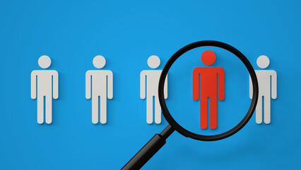 Magnifier glass searching human icon on a blue background. Concept of human resources, hr, employee, recruitment, job, manager, hiring and executive.