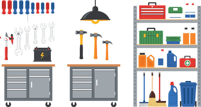 Professional garage workshop interior with mobile tool cabinets metal shelving units hand tools and organized storage equipment in clean flat vector style.