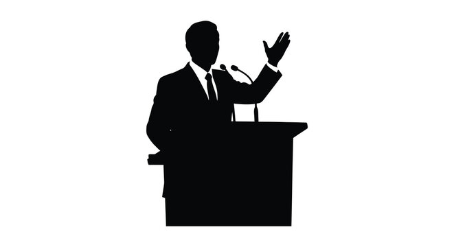 A formal speaker giving a speech at a podium with raised hand a striking silhouette