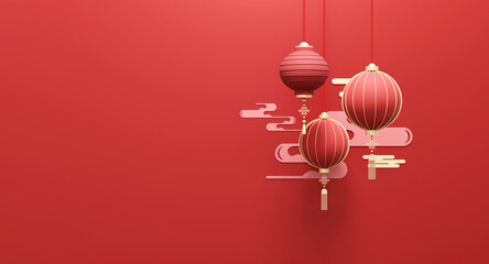 3D Chinese lanterns and auspicious clouds on red background with copy space.