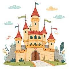 Enchanted castle under cloudy sky