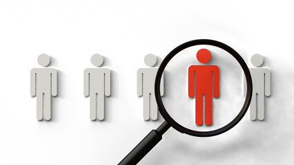 Magnifier glass searching human icon on a isolated background. Concept of human resources, hr, employee, recruitment, job, manager, hiring and executive.