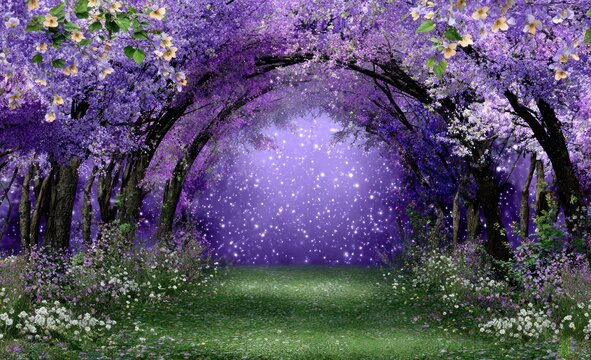A flowering purple tree tunnel, glowing center, grassy path, light and airy