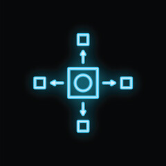 Fototapeta premium Neon blue algorithm structure with arrows connecting squares forming a flowchart on a black background