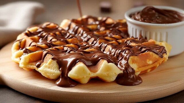 Delicious golden brown waffle being heavily drizzled with chocolate sauce on a wooden board