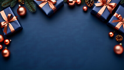 A sophisticated Christmas flat lay with a top border of blue gifts and rose gold ornaments on a dark blue background.