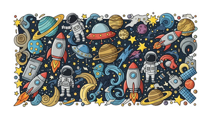 Vibrant Space Exploration Doodle Vector Illustration with Planets and Rockets © Avoxel