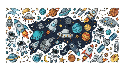 Vibrant Space Exploration Doodle Vector Illustration with Planets and Rockets © Avoxel