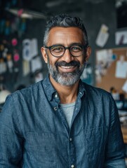 Obraz premium portrait of happy mature businessman wearing spectacles and looking at camera multiethnic satisfied man feeling confident in a creative office successful middle eastern business man smiling no logos