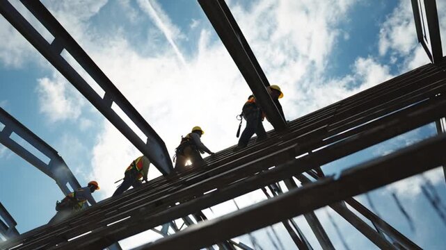 Construction workers installing metal beams on a building's steel framework under a bright blue sky