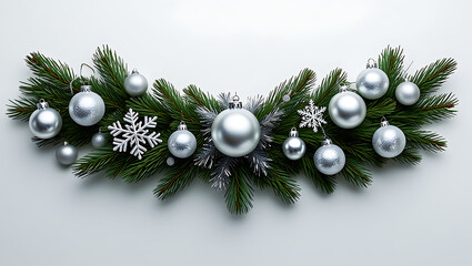 A minimalist and elegant Christmas garland of fir branches, decorated with silver baubles and a large snowflake.
