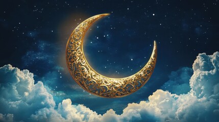 Fototapeta premium A celestial artwork showcases a golden crescent moon, adorned with intricate patterns, set against a backdrop of starry skies and fluffy clouds, evoking a sense of wonder.