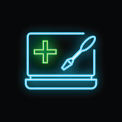 Fototapeta premium Glowing neon icon representing online medical consultation with a laptop and a syringe