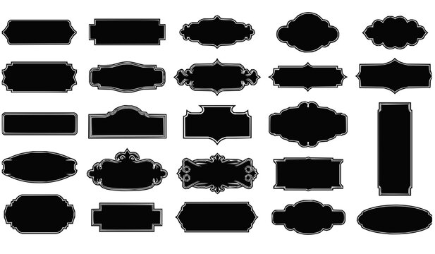 Collection of black silhouette decorative frames and labels with various ornate shapes and elegant borders.