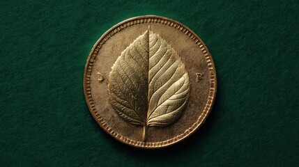 ecocoin a closeup shot features a detailed view of a gold coin on a green background the coins face bears the elegant imprint of a leaf
