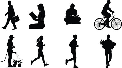 The image is a collection of eight black silhouettes against a white background.