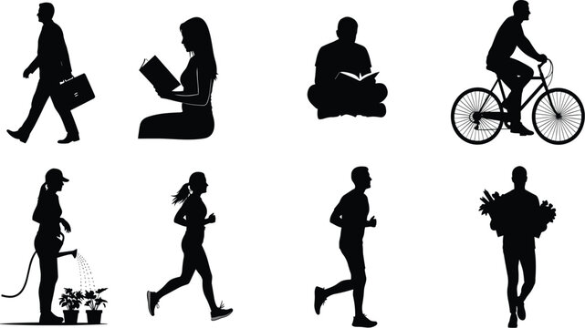 The image is a collection of eight black silhouettes against a white background.