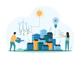 Futuristic smart city with green energy technology. Tiny people grow eco sustainable environment, control settings of digital projects for environmental protection cartoon vector illustration