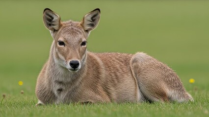 Cute deer lying in green grassy field with yellow flowers