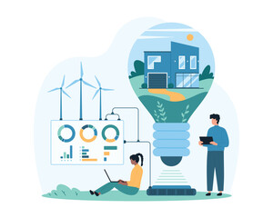 Green energy technology development. Tiny people work on digital project, air turbines generate electricity for big light bulb with modern eco family building inside cartoon vector illustration