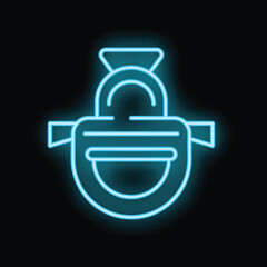 Obraz premium Blue neon sign icon of a padlock closing a briefcase handle glowing on a black background